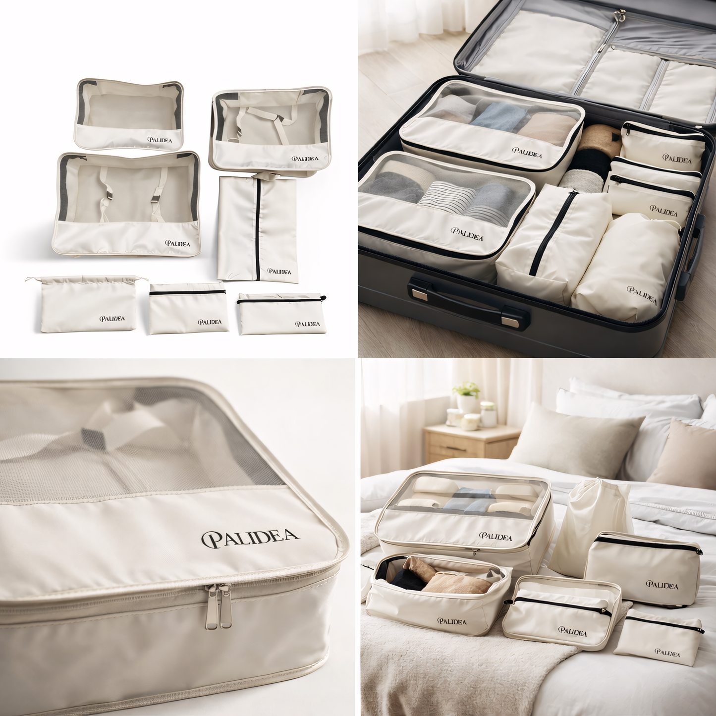 Set Organizer Valigia 7 Pezzi, Packing Cubes da Viaggio per Vestiti e Accessori, Leggeri e Salvaspazio, Beige