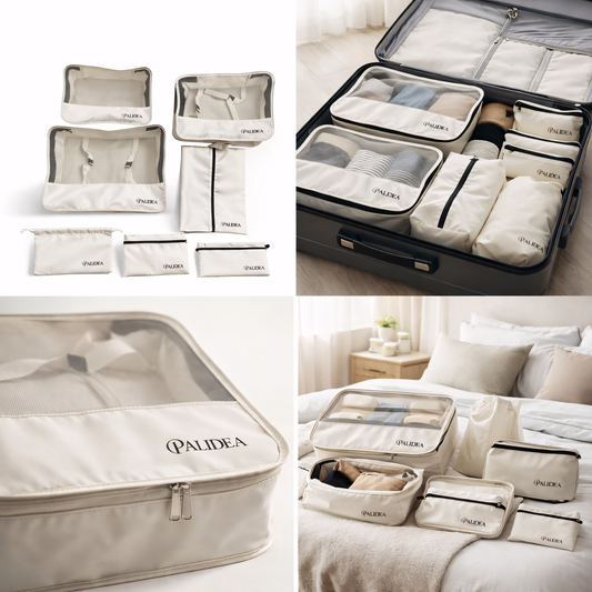 Set Organizer Valigia 7 Pezzi, Packing Cubes da Viaggio per Vestiti e Accessori, Leggeri e Salvaspazio, Beige